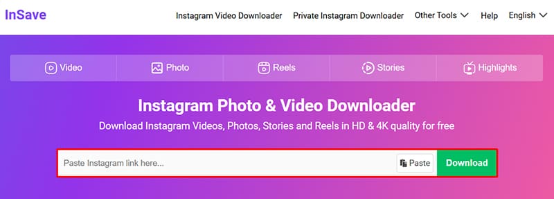 Paste the Instagram link into InSave